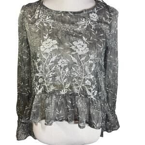 A. CALIN Los Angeles Gray White  Floral Lace Ruffle Blouse Sheer Women’s Sz M